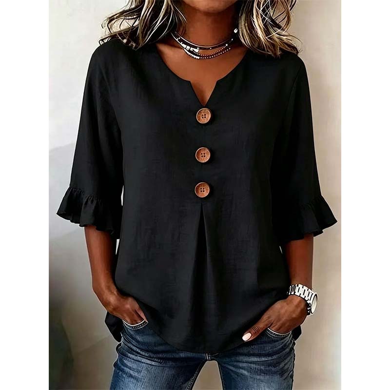 👚 Nur für kurze Zeit 50 % Rabatt! ✨ Damenbluse mit V-Ausschnitt, Rüschenärmeln und Holzknöpfen – Boho-Stil, fließend, romantisch 🍃