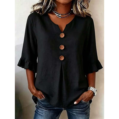 👚 Nur für kurze Zeit 50 % Rabatt! ✨ Damenbluse mit V-Ausschnitt, Rüschenärmeln und Holzknöpfen – Boho-Stil, fließend, romantisch 🍃