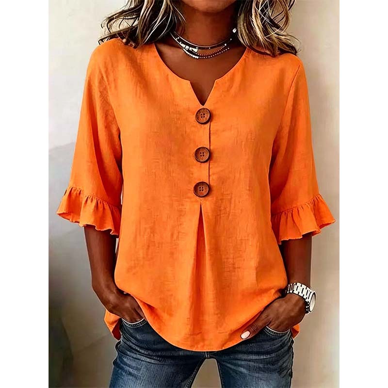 👚 Nur für kurze Zeit 50 % Rabatt! ✨ Damenbluse mit V-Ausschnitt, Rüschenärmeln und Holzknöpfen – Boho-Stil, fließend, romantisch 🍃