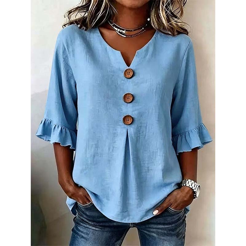 👚 Nur für kurze Zeit 50 % Rabatt! ✨ Damenbluse mit V-Ausschnitt, Rüschenärmeln und Holzknöpfen – Boho-Stil, fließend, romantisch 🍃