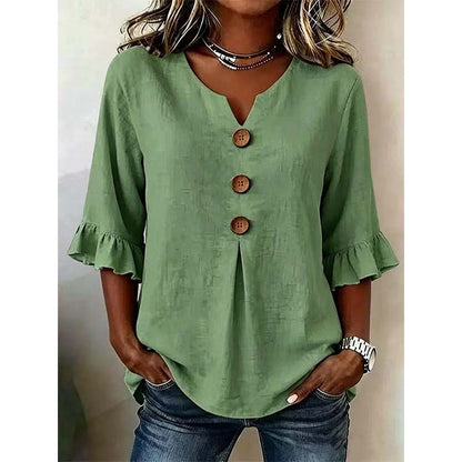 👚 Nur für kurze Zeit 50 % Rabatt! ✨ Damenbluse mit V-Ausschnitt, Rüschenärmeln und Holzknöpfen – Boho-Stil, fließend, romantisch 🍃