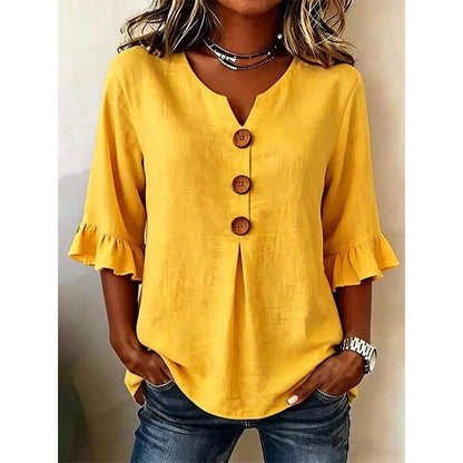 👚 Nur für kurze Zeit 50 % Rabatt! ✨ Damenbluse mit V-Ausschnitt, Rüschenärmeln und Holzknöpfen – Boho-Stil, fließend, romantisch 🍃