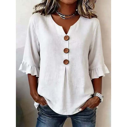 👚 Nur für kurze Zeit 50 % Rabatt! ✨ Damenbluse mit V-Ausschnitt, Rüschenärmeln und Holzknöpfen – Boho-Stil, fließend, romantisch 🍃
