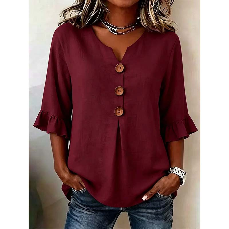 👚 Nur für kurze Zeit 50 % Rabatt! ✨ Damenbluse mit V-Ausschnitt, Rüschenärmeln und Holzknöpfen – Boho-Stil, fließend, romantisch 🍃