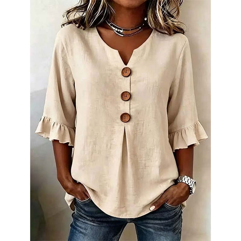 👚 Nur für kurze Zeit 50 % Rabatt! ✨ Damenbluse mit V-Ausschnitt, Rüschenärmeln und Holzknöpfen – Boho-Stil, fließend, romantisch 🍃
