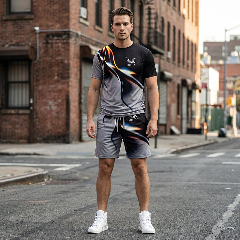 🔥 HALBER PREIS! 50% RABATT auf das Herren-Set aus T-Shirt und Shorts mit abstraktem Print! 🛍️