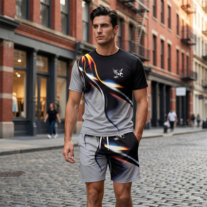 🔥 HALBER PREIS! 50% RABATT auf das Herren-Set aus T-Shirt und Shorts mit abstraktem Print! 🛍️
