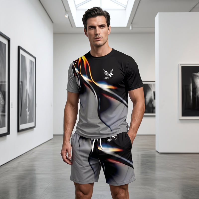 🔥 HALBER PREIS! 50% RABATT auf das Herren-Set aus T-Shirt und Shorts mit abstraktem Print! 🛍️