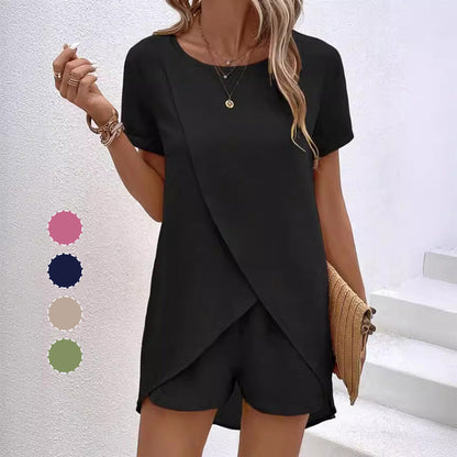 🍂 Einfarbiges Zweiteiler-Set mit asymmetrischem Oberteil & Shorts – Lässig & modern!