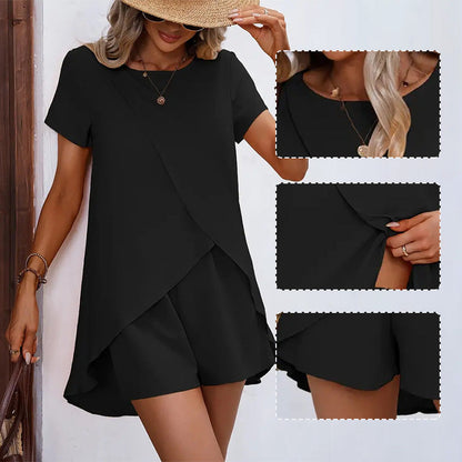 🍂 Einfarbiges Zweiteiler-Set mit asymmetrischem Oberteil & Shorts – Lässig & modern!