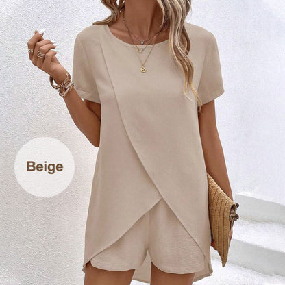 🍂 Einfarbiges Zweiteiler-Set mit asymmetrischem Oberteil & Shorts – Lässig & modern!