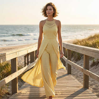 Elegant Lace Top & Split Wide-Leg Pants Set