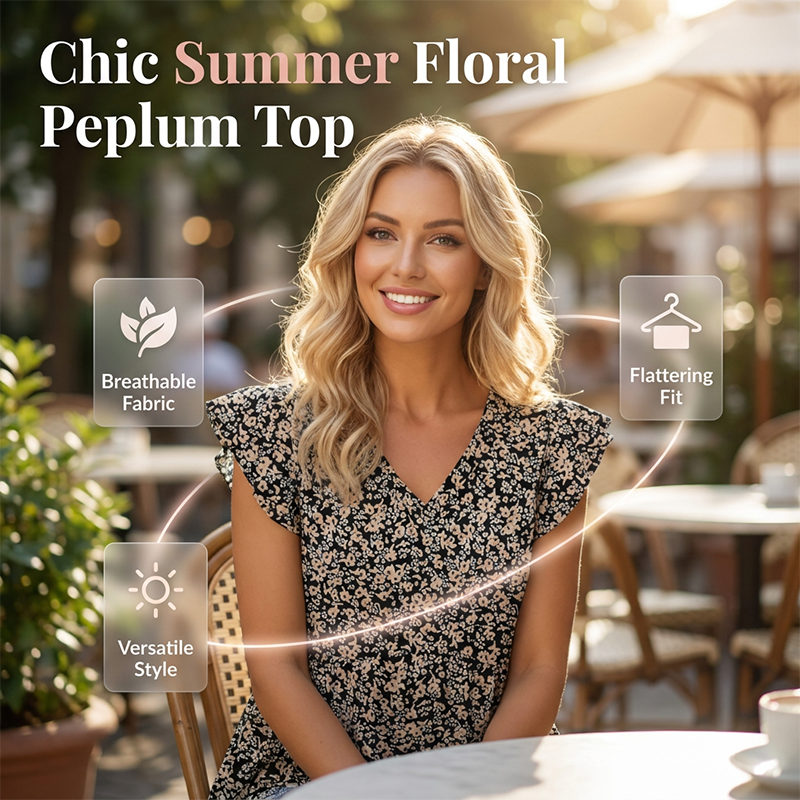 Sommer-Top für Damen mit V-Ausschnitt, Rüschenärmeln, Blumenmuster und Schößchen