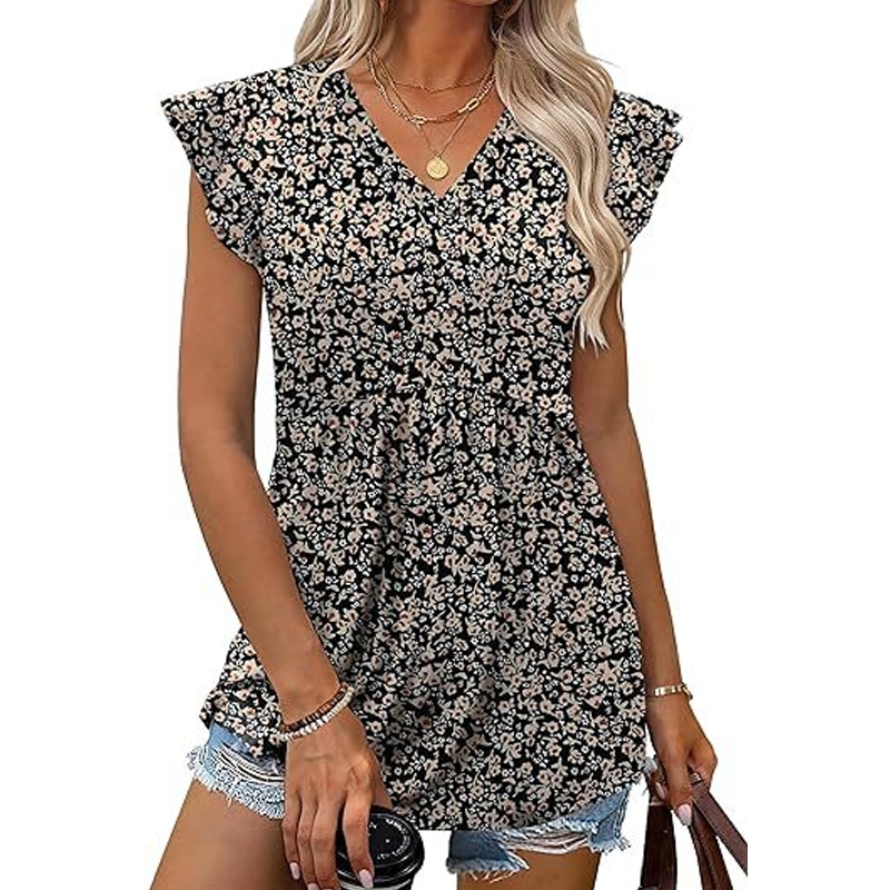 Sommer-Top für Damen mit V-Ausschnitt, Rüschenärmeln, Blumenmuster und Schößchen