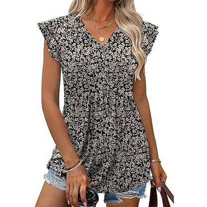 Sommer-Top für Damen mit V-Ausschnitt, Rüschenärmeln, Blumenmuster und Schößchen