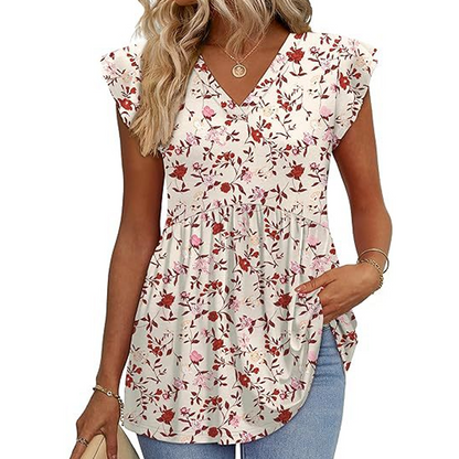 Sommer-Top für Damen mit V-Ausschnitt, Rüschenärmeln, Blumenmuster und Schößchen