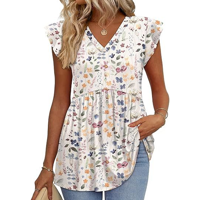 Sommer-Top für Damen mit V-Ausschnitt, Rüschenärmeln, Blumenmuster und Schößchen