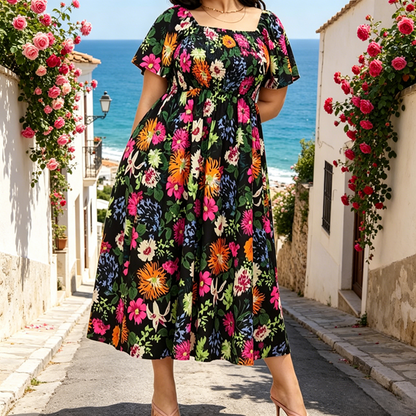 🔥Letzter Tag: 56% Rabatt!⏰🌸👗 Blumenkleid mit Raffungen, quadratischem Ausschnitt & Taschen🏖️